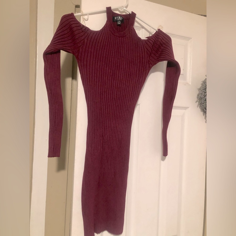Hera dress is knee length with cold shoulders